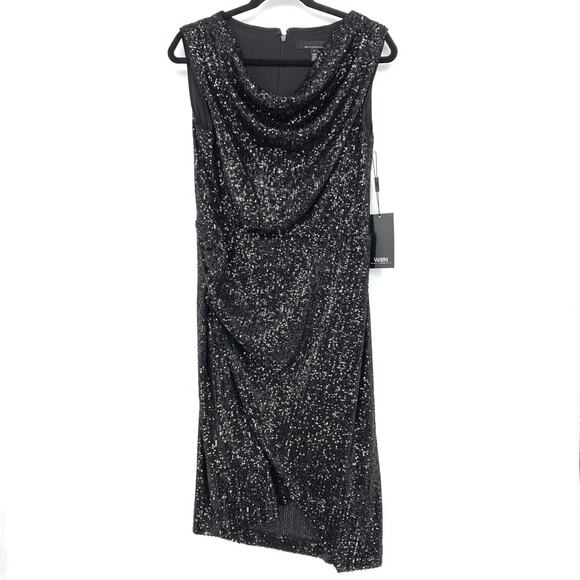 White House Black Market Sleeveless Sequin Draped Sheath Dress Size 8 Black NEW - Picture 1 of 6